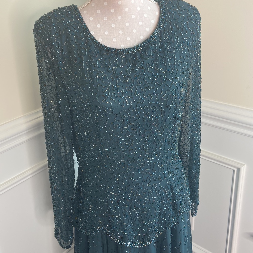VTG Peak Evenings Green Beaded Dress Sz 8